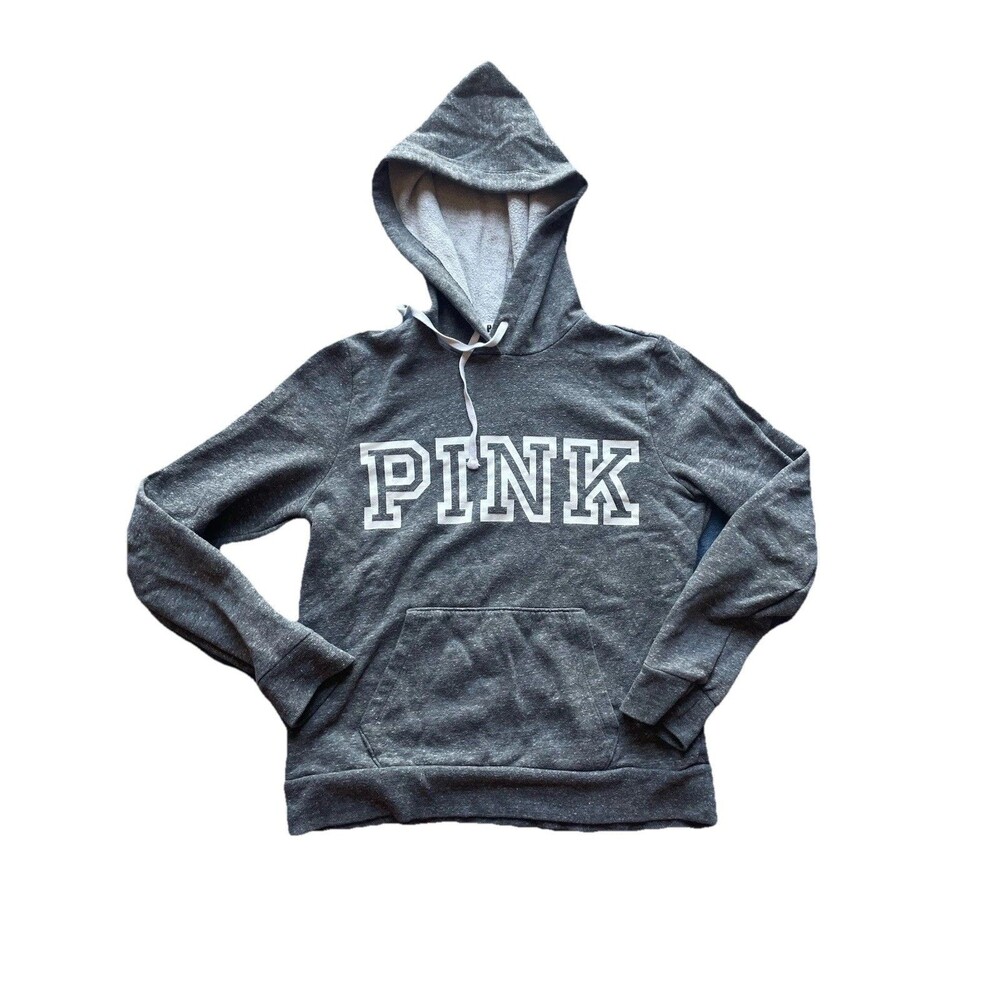 Victoria’s Secret PINK Gray White Logo Hoodie Sweatshirt Fleece Lined M